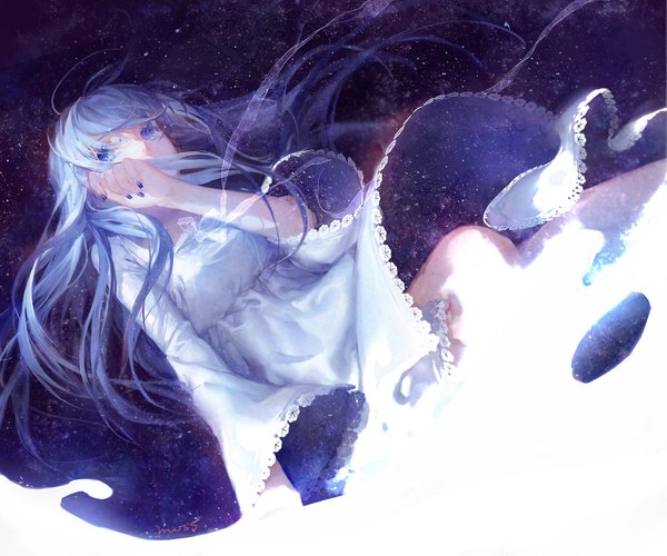 Anime picture 2000x1667 with original moss (2225028) single fringe highres breasts blue eyes blue hair looking away nail polish fingernails wide sleeves starry sky print double exposure girl dress ribbon (ribbons) star (stars) blue dress