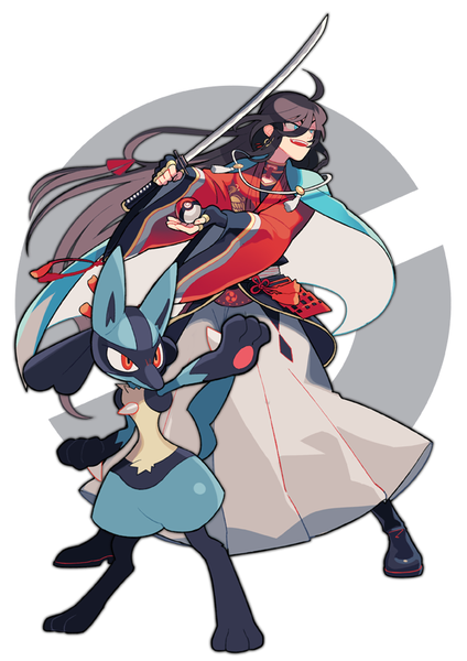 Anime picture 600x848 with pokemon touken ranbu nintendo nitroplus izuminokami kanesada lucario ppo-p long hair tall image open mouth blue eyes black hair simple background smile white background looking away full body ahoge traditional clothes japanese clothes