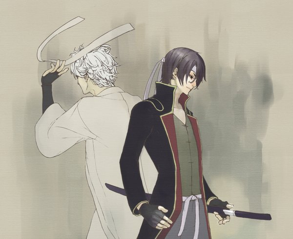 Anime picture 1809x1479 with gintama sunrise (studio) sakata gintoki takasugi shinsuke shiroyasha ichigou highres short hair black hair simple background white hair profile from behind black eyes boy ribbon (ribbons) weapon sword fingerless gloves katana