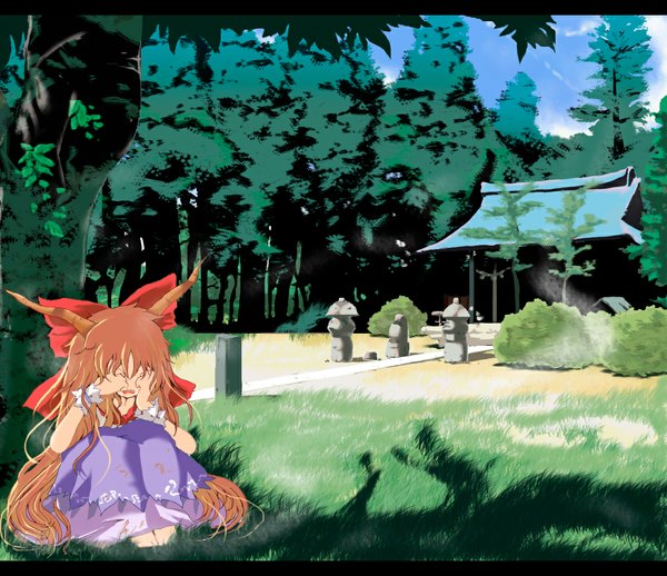 Anime picture 1100x950 with touhou ibuki suika nejime long hair open mouth sitting horn (horns) orange hair landscape crying girl plant (plants) tree (trees) forest shrine