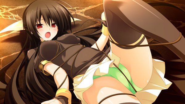 Anime picture 1280x720 with tiny dungeon (game) rosebleu vell sein long hair blush open mouth light erotic black hair red eyes wide image game cg girl thighhighs dress underwear panties black thighhighs