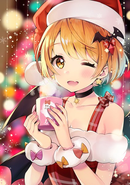 Anime picture 800x1138 with virtual youtuber hololive yozora mel ayami (annahibi) single tall image looking at viewer blush fringe short hair breasts open mouth light erotic blonde hair smile holding yellow eyes payot cleavage upper body