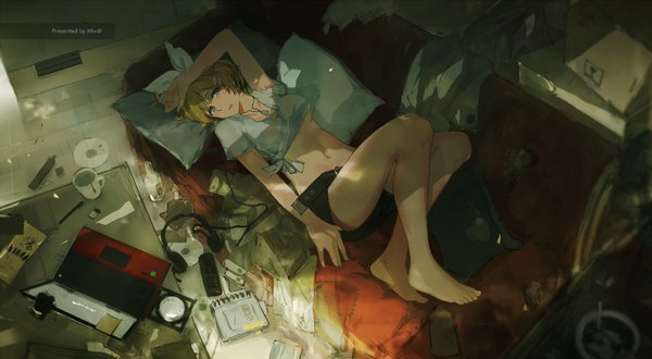 Anime picture 1818x1000 with vocaloid kagamine rin mivit single looking at viewer fringe highres short hair light erotic blonde hair wide image signed full body bent knee (knees) indoors lying parted lips head tilt barefoot arm up