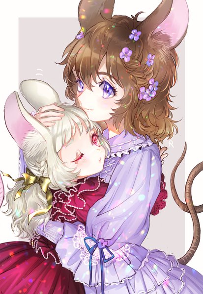 Anime picture 1000x1450 with original rosette (roze-ko) long hair tall image short hair red eyes brown hair purple eyes multiple girls animal ears looking away white hair tail animal tail one eye closed hair flower hug hand on another's head mouse ears mouse tail
