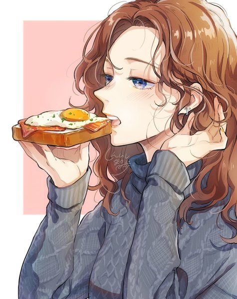 Anime picture 1013x1280 with original piroshiki123 single long hair tall image open mouth blue eyes brown hair signed upper body adjusting hair wavy hair eating girl earrings food sweater toast fried eggs