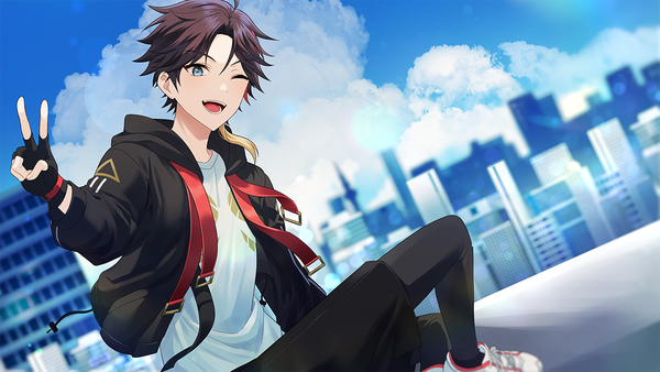 Anime picture 1200x675 with virtual youtuber nijisanji saegusa akina hina (yys8487) single looking at viewer short hair open mouth blue eyes black hair wide image sky cloud (clouds) one eye closed wink open jacket city victory cityscape ;d