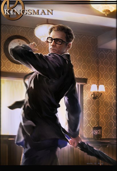 Anime picture 600x874 with kingsman harry hart colin firth moie (artist) single tall image looking at viewer short hair brown hair standing holding brown eyes indoors looking back closed umbrella boy glasses necktie window umbrella