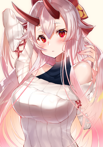 Anime-Bild 2700x3819 mit fate (series) fate/grand order tomoe gozen (fate) felnemo3 single long hair tall image looking at viewer blush fringe highres breasts simple background hair between eyes red eyes large breasts bare shoulders silver hair upper body long sleeves