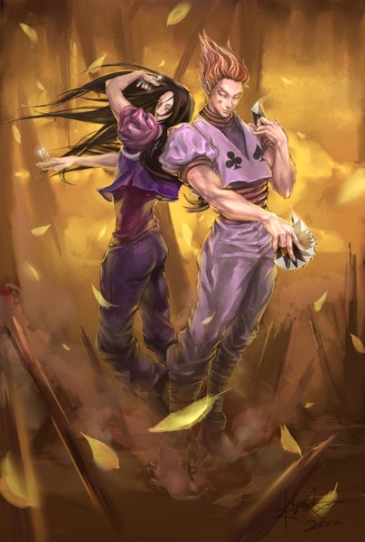 Anime picture 1093x1620 with hunter x hunter hisoka (hunter x hunter) illumi zoldyck zzyzzyy long hair tall image looking at viewer short hair black hair smile standing holding signed full body looking back arm up black eyes orange hair multiple boys puffy sleeves