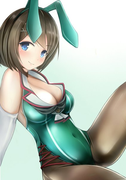 Anime picture 703x1000 with kantai collection maya heavy cruiser nannacy7 single tall image looking at viewer blush fringe short hair breasts blue eyes light erotic simple background brown hair white background animal ears cleavage light smile arm support bunny ears
