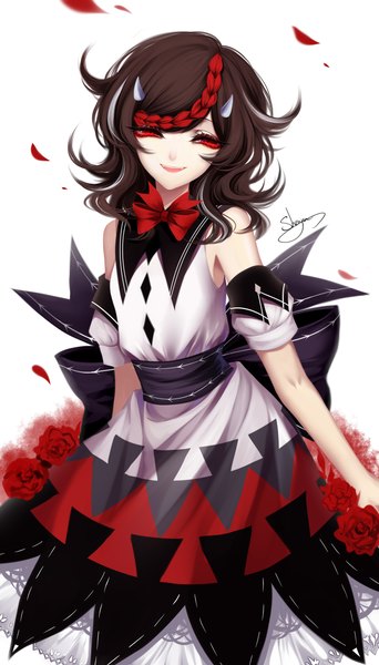Anime picture 2150x3770 with touhou kijin seija sheya single long hair tall image looking at viewer highres open mouth simple background smile red eyes brown hair white background signed braid (braids) multicolored hair horn (horns) short sleeves streaked hair