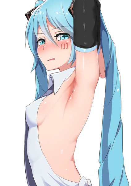 Anime picture 1191x1684 with vocaloid hatsune miku abmayo single long hair tall image looking at viewer blush fringe breasts light erotic simple background hair between eyes white background twintails upper body parted lips aqua eyes aqua hair armpit (armpits)