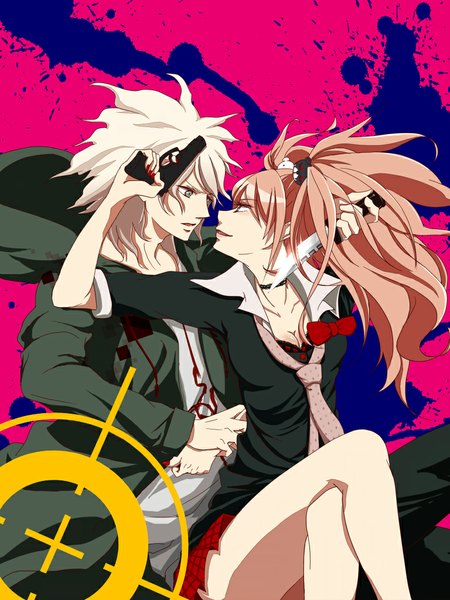 Anime picture 768x1024 with dangan ronpa super dangan ronpa 2 enoshima junko komaeda nagito tall image fringe short hair breasts open mouth blue eyes simple background smile sitting twintails holding pink hair cleavage white hair open clothes open jacket