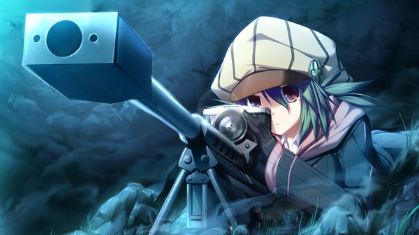 Anime picture 1024x576 with soukoku no arterial short hair red eyes wide image game cg green hair girl weapon gun flat cap