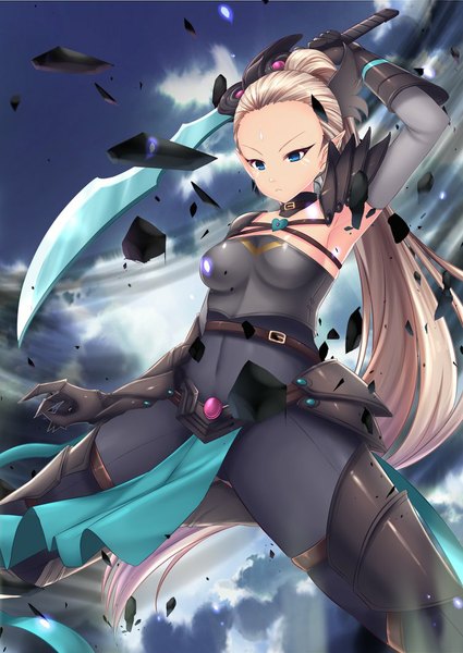 Anime picture 752x1062 with original adalia (drewdiddy1996) kaho okashii single tall image blue eyes light erotic blonde hair sky cloud (clouds) ponytail very long hair armpit (armpits) spread legs borrowed character girl gloves weapon sword