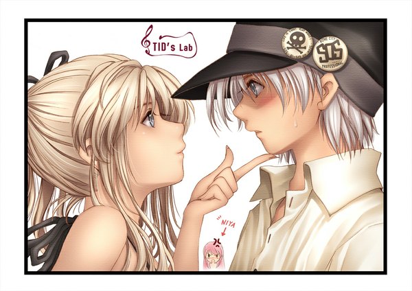 Anime picture 1024x724 with original tidsean long hair blush short hair simple background blonde hair white background signed ponytail profile border open collar face to face silver eyes girl boy shirt peaked cap