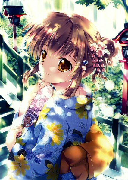 Anime picture 2598x3670 with mikeou single tall image highres short hair brown hair brown eyes traditional clothes japanese clothes looking back hair flower scan girl hair ornament kimono obi fan