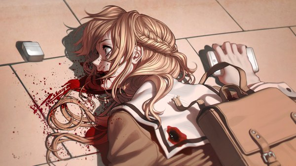 Anime picture 2097x1184 with tenkuu shinpan shinzaki kuon revolmxd single long hair highres open mouth brown hair wide image holding brown eyes upper body lying braid (braids) shadow half updo blood on face bloody clothes injury death