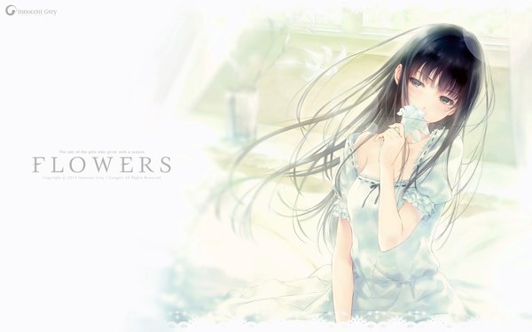 Anime picture 1920x1200 with flowers (innocent grey) innocent grey shirahane suou sugina miki single long hair looking at viewer blush highres black hair black eyes girl dress flower (flowers)