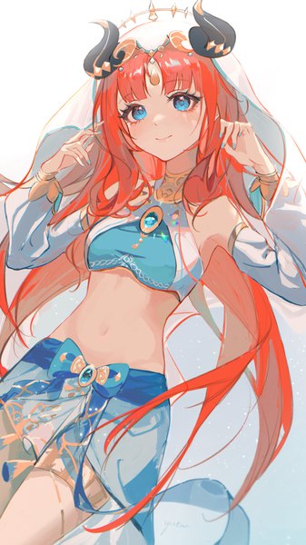 Anime picture 3750x6681 with genshin impact nilou (genshin impact) yutou (yutou75) single long hair tall image highres blue eyes simple background smile white background looking away absurdres red hair nail polish traditional clothes horn (horns) midriff blue nail polish girl