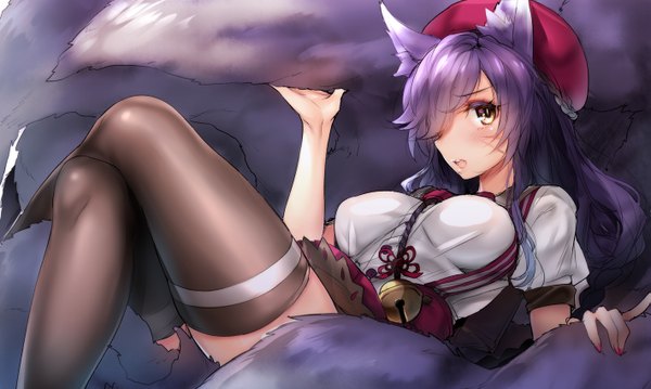 Anime picture 1419x850 with league of legends ahri (league of legends) naso4 single long hair looking at viewer blush fringe breasts open mouth light erotic wide image large breasts animal ears yellow eyes purple hair tail lying hair over one eye crossed legs
