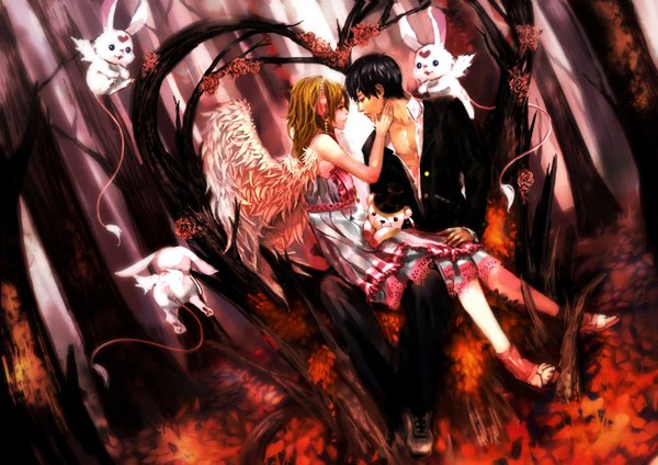 Anime picture 2719x1923 with original genki-de highres short hair black hair blonde hair profile couple flying face to face girl boy plant (plants) animal wings tree (trees) heart rose (roses) sundress teddy bear