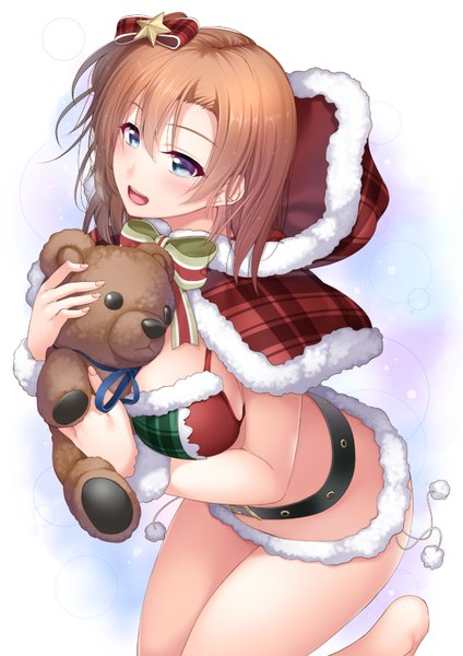 Anime picture 1158x1638 with love live! school idol project sunrise (studio) love live! kousaka honoka chobipero single tall image looking at viewer blush short hair open mouth blue eyes light erotic brown hair one side up christmas girl toy stuffed animal teddy bear
