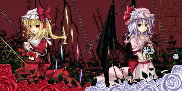 Anime picture 2500x1260 with touhou flandre scarlet remilia scarlet cloudy.r highres short hair blonde hair red eyes wide image multiple girls purple hair girl flower (flowers) bow 2 girls hair bow wings headdress rose (roses) chain