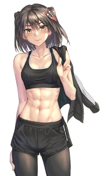 Anime picture 1079x1867 with kantai collection sendai light cruiser kokuzou single tall image looking at viewer blush fringe short hair breasts simple background hair between eyes brown hair standing white background yellow eyes bare belly two side up muscle abs