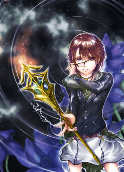 Anime picture 1300x1800 with original chopper tall image short hair brown hair purple eyes magic witch space flower (flowers) glasses collar staff