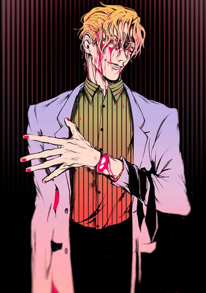 Anime picture 600x852 with jojo no kimyou na bouken kira yoshikage mizudama single tall image looking at viewer short hair blonde hair smile standing nail polish striped blood on face red nail polish bloody clothes striped background amputee boy shirt blood