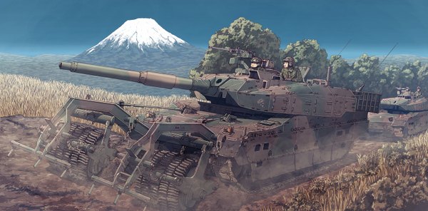 Anime picture 1500x742 with original earasensha wide image mountain military boy weapon plant (plants) tree (trees) gun ground vehicle tank caterpillar tracks