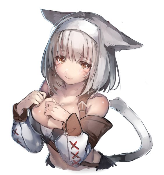 Anime picture 900x957 with final fantasy final fantasy xiv square enix miqo'te haru akinosuke single tall image looking at viewer blush fringe short hair breasts light erotic simple background hair between eyes large breasts white background bare shoulders brown eyes animal ears