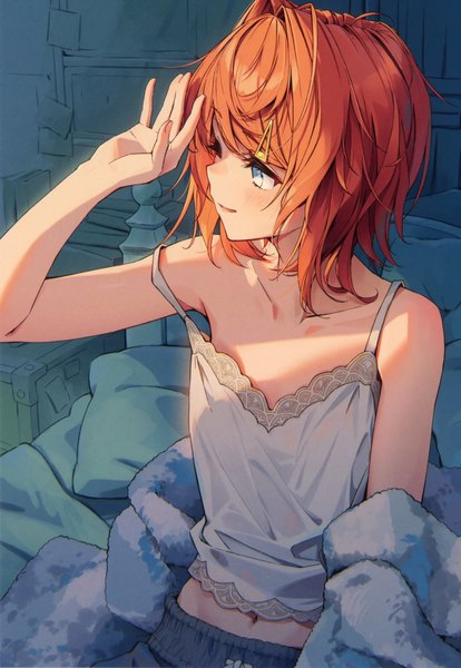 Anime picture 4160x6030 with virtual youtuber nijisanji ange katrina kuro-kun (nablack) single tall image fringe highres short hair blue eyes sitting looking away absurdres red hair indoors one eye closed arm up sunlight off shoulder flat chest