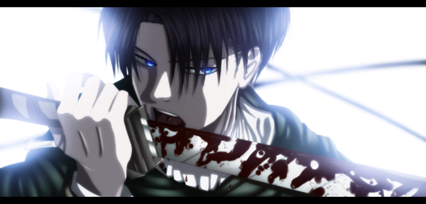 Anime picture 1656x795 with shingeki no kyojin production i.g levi (rivaille) splincide single short hair blue eyes black hair simple background wide image white background coloring boy weapon sword katana blood