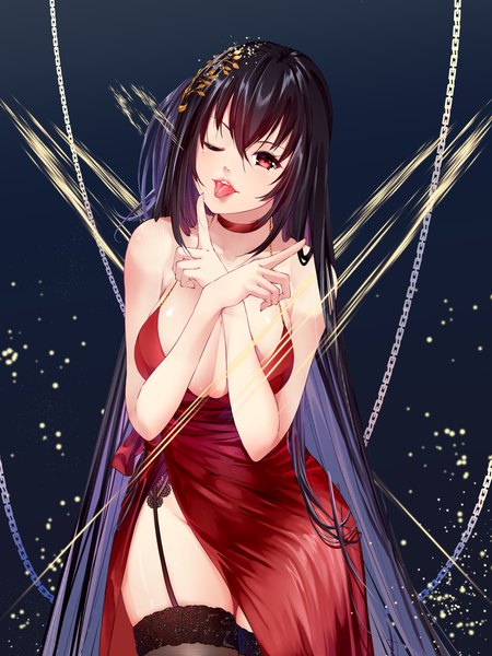 Anime-Bild 3000x4000 mit azur lane taihou (azur lane) taihou (forbidden feast) (azur lane) hatski.sin yople star man single long hair tall image looking at viewer blush fringe highres breasts light erotic black hair simple background hair between eyes red eyes large breasts standing