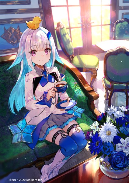 Anime picture 1202x1700 with virtual youtuber nijisanji lize helesta sebastian piyodore lize helesta (1st costume) fuzichoco single long hair tall image looking at viewer fringe smile sitting purple eyes payot indoors blunt bangs multicolored hair official art colored inner hair