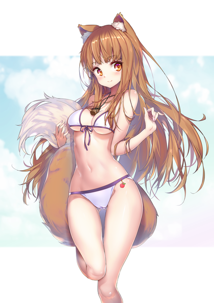 Anime picture 2894x4093 with spice and wolf horo hong (white spider) single long hair tall image looking at viewer blush fringe highres breasts light erotic smile brown hair standing brown eyes animal ears cleavage bent knee (knees) tail