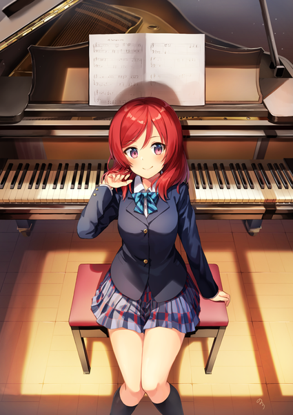 Anime picture 1003x1416 with love live! school idol project sunrise (studio) love live! nishikino maki nonono (nononotea) single tall image looking at viewer blush fringe short hair hair between eyes sitting purple eyes red hair indoors long sleeves pleated skirt from above arm support