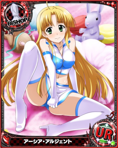Anime picture 640x800 with highschool dxd asia argento single long hair tall image looking at viewer blush breasts light erotic blonde hair green eyes pantyshot card (medium) girl skirt gloves underwear panties miniskirt elbow gloves