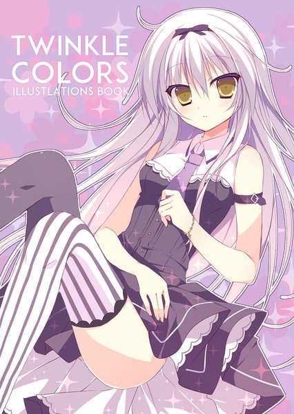 Anime picture 1200x1689 with original cocoa (cafe-hotcocoa) single long hair tall image looking at viewer bare shoulders yellow eyes white hair girl thighhighs dress bow hair bow necktie striped thighhighs