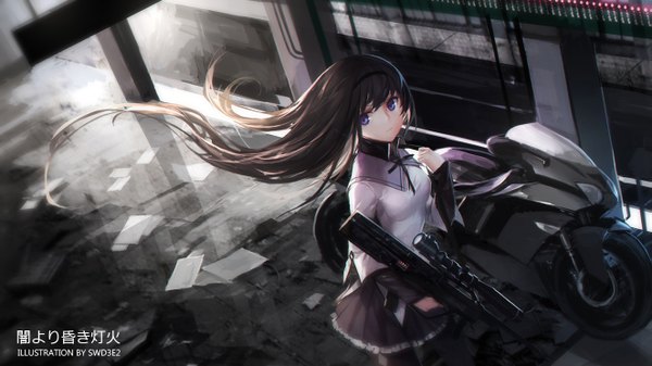 Anime picture 1323x744 with mahou shoujo madoka magica shaft (studio) akemi homura swd3e2 single long hair looking at viewer fringe black hair wide image standing purple eyes holding signed pleated skirt girl skirt ribbon (ribbons) weapon gun