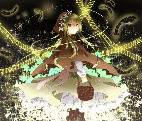 Anime picture 1810x1542 with original kurana single long hair looking at viewer blush highres brown eyes looking back green hair sparkle turning head girl dress flower (flowers) ribbon (ribbons) bow star (symbol) hood feather (feathers)