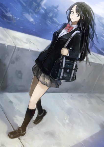 Anime picture 2480x3508 with original okuto single long hair tall image looking at viewer fringe highres breasts blue eyes black hair full body bent knee (knees) outdoors long sleeves pleated skirt wind walking girl skirt
