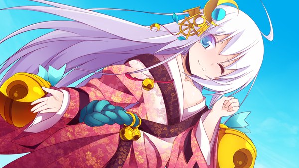 Anime picture 1280x720 with sengoku hime 4 long hair blue eyes wide image game cg white hair traditional clothes japanese clothes one eye closed wink loli girl hair ornament kimono bell jingle bell