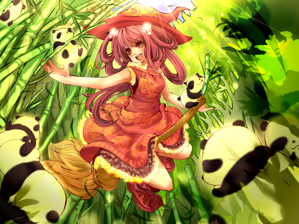 Anime picture 1600x1200 with original hachiimi long hair open mouth smile yellow eyes pink hair witch girl dress plant (plants) hat animal leaf (leaves) witch hat broom bamboo panda