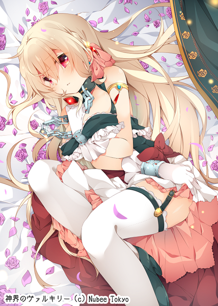 Anime picture 600x840 with shinkai no valkyrie helen (shinkai no valkyrie) mauve single long hair tall image looking at viewer fringe light erotic blonde hair red eyes bare shoulders bent knee (knees) lying girl thighhighs gloves hair ornament flower (flowers) petals