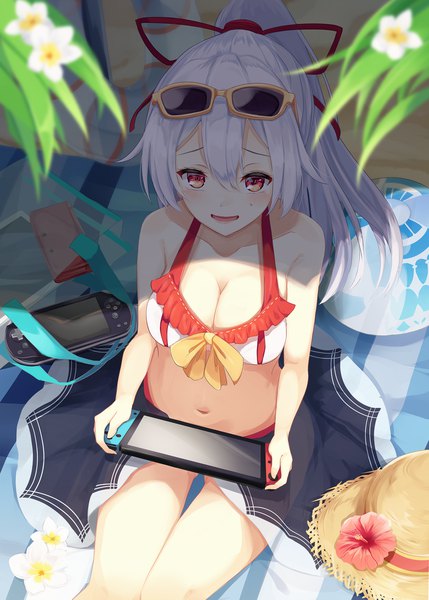 Anime picture 1036x1449 with fate (series) fate/grand order nintendo tomoe gozen (fate) igayan single long hair tall image looking at viewer blush fringe breasts light erotic smile hair between eyes red eyes large breasts sitting bare shoulders holding