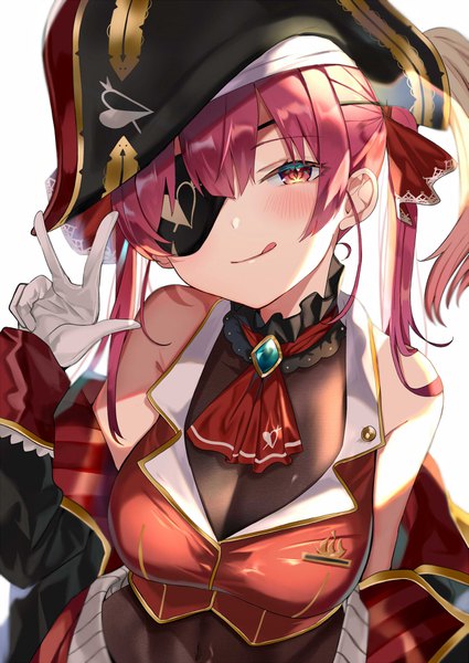 Anime-Bild 1253x1770 mit virtual youtuber hololive houshou marine houshou marine (1st costume) satoupote single long hair tall image looking at viewer blush breasts red eyes large breasts white background twintails pink hair :q girl gloves hat