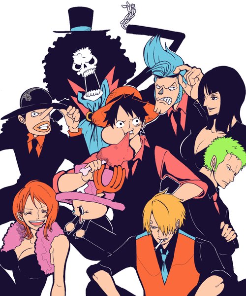Anime picture 1500x1800 with one piece one piece: strong world toei animation nami (one piece) monkey d. luffy nico robin roronoa zoro sanji tony tony chopper usopp franky brook (one piece) motsuo long hair tall image fringe short hair open mouth simple background blonde hair